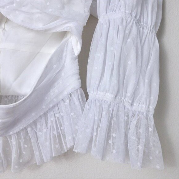 NEW LPA Dolores Top S Ivory Sheer Dot Puff Sleeve Cutout Pleated Peplum Tulle - Picture 8 of 13